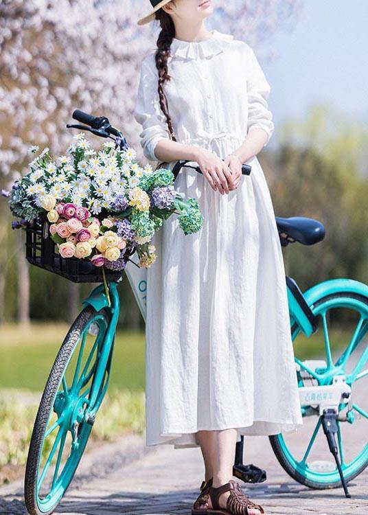 Women White Ruffles Pockets Summer Linen Dress - Omychic