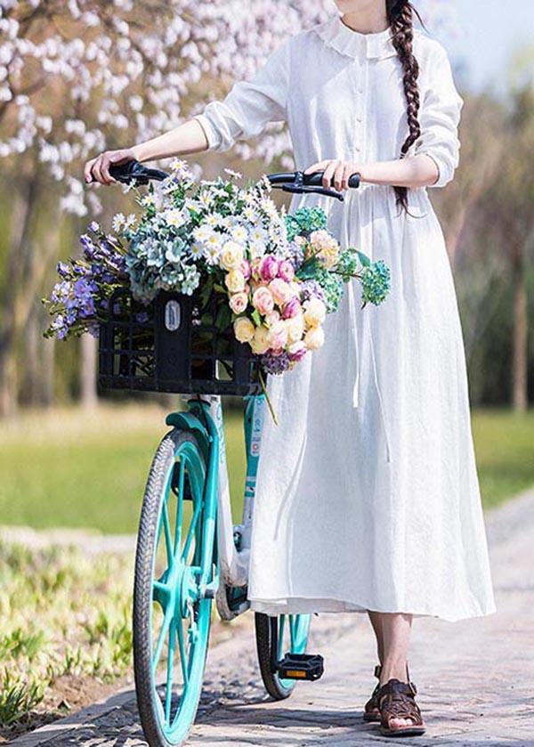 Women White Ruffles Pockets Summer Linen Dress - Omychic