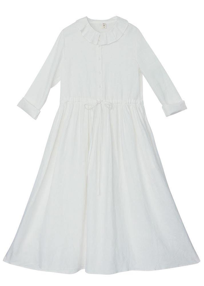Women White Ruffles Pockets Summer Linen Dress - Omychic
