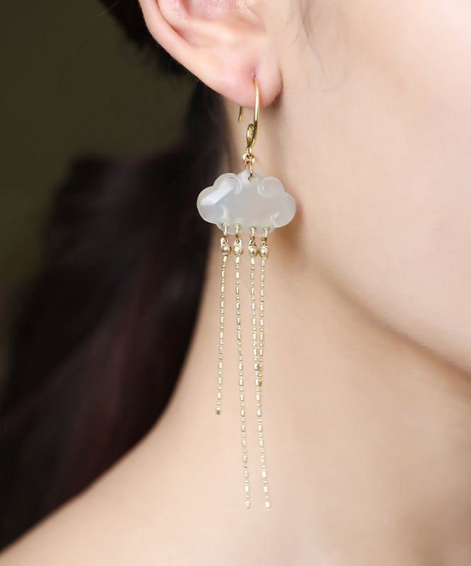 Women White Silver Plated Gem Stone Drop Earrings