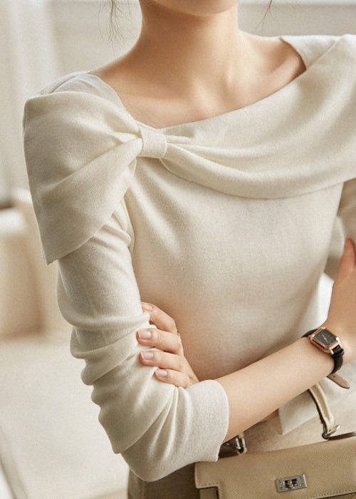 Women White Square Collar Bow Patchwork Cotton Knit Tops Fall