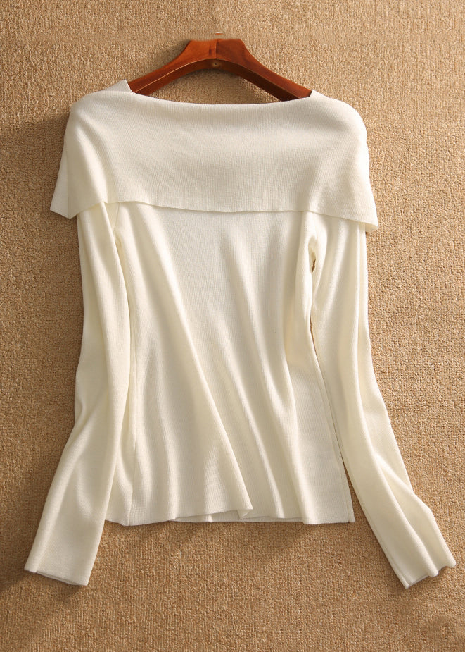 Women White Square Collar Bow Patchwork Cotton Knit Tops Fall