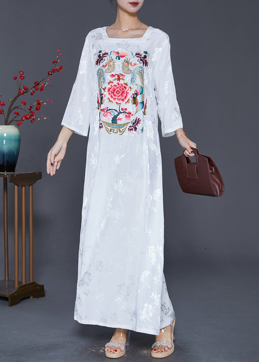 Women White Square Collar Embroideried Silk Ankle Dress Fall