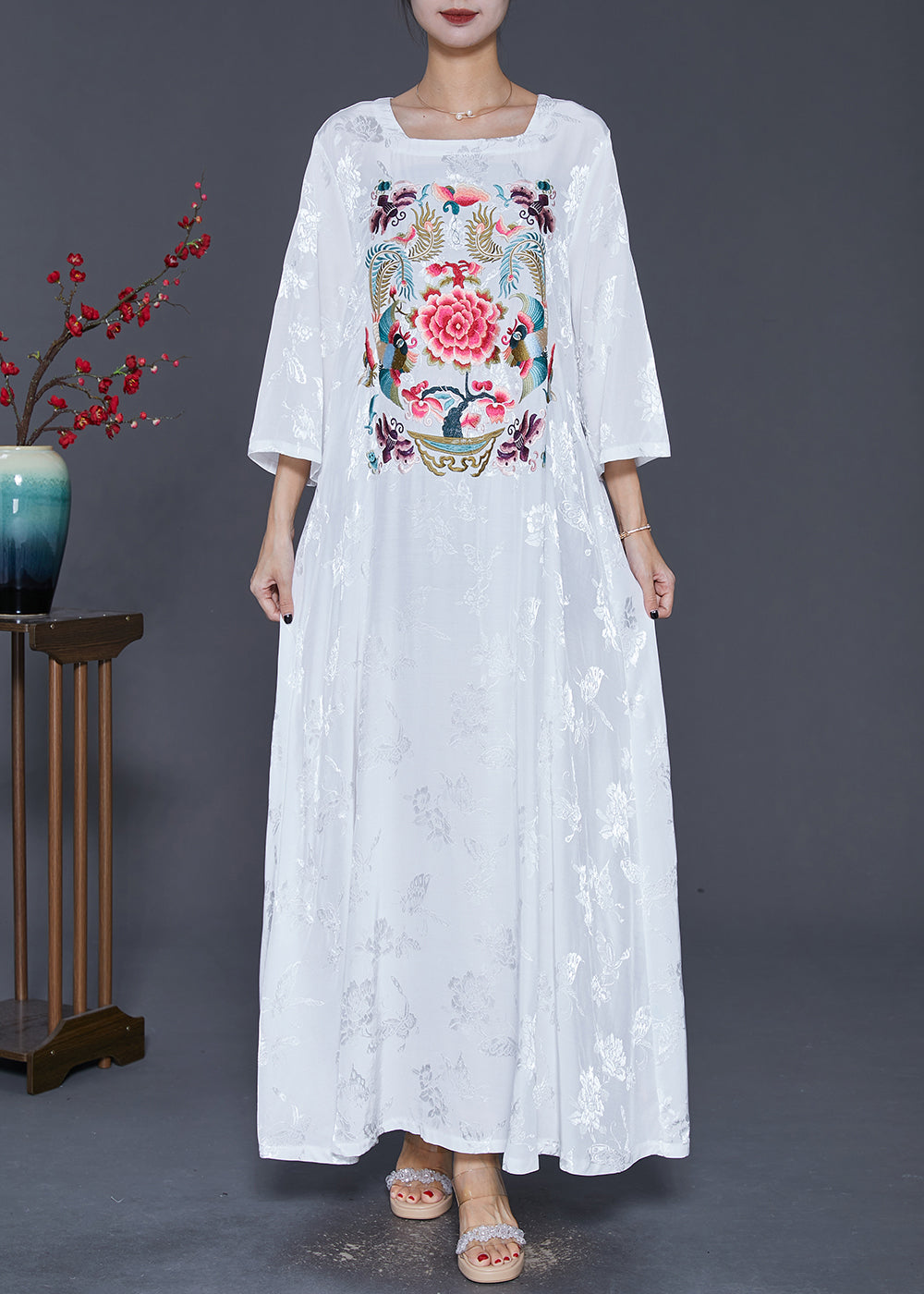 Women White Square Collar Embroideried Silk Ankle Dress Fall