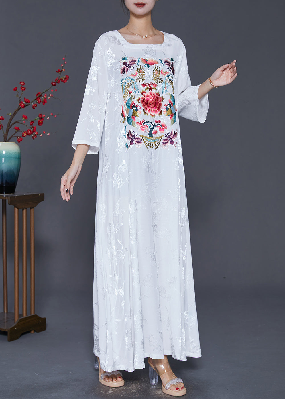 Women White Square Collar Embroideried Silk Ankle Dress Fall