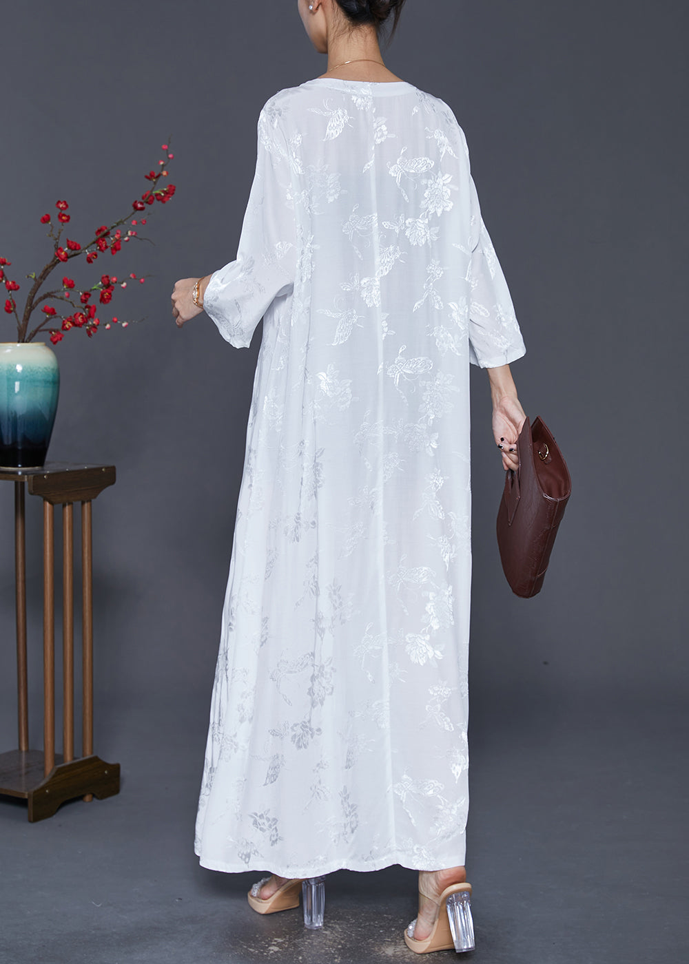Women White Square Collar Embroideried Silk Ankle Dress Fall