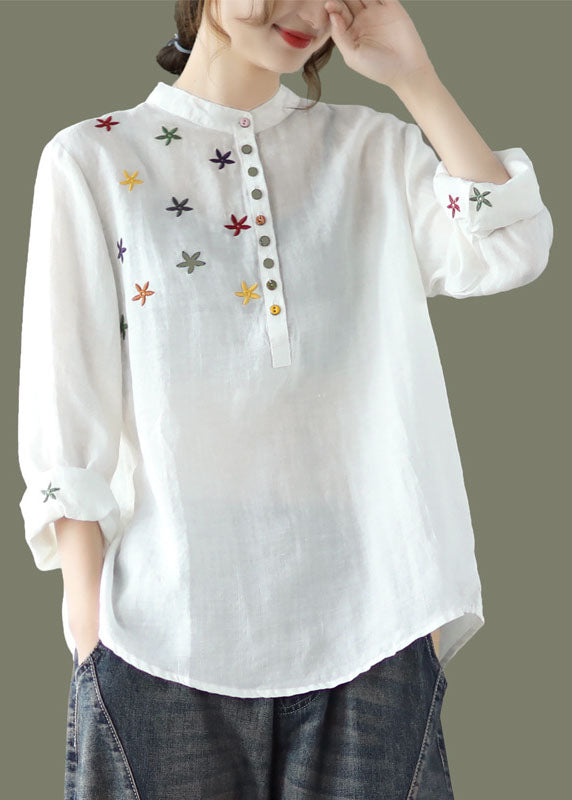 Women White Stand Collar Embroideried Linen Shirt Spring