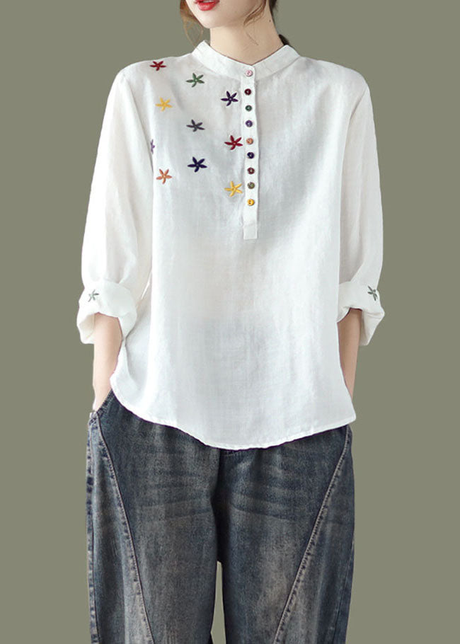 Women White Stand Collar Embroidered Linen Shirt Spring