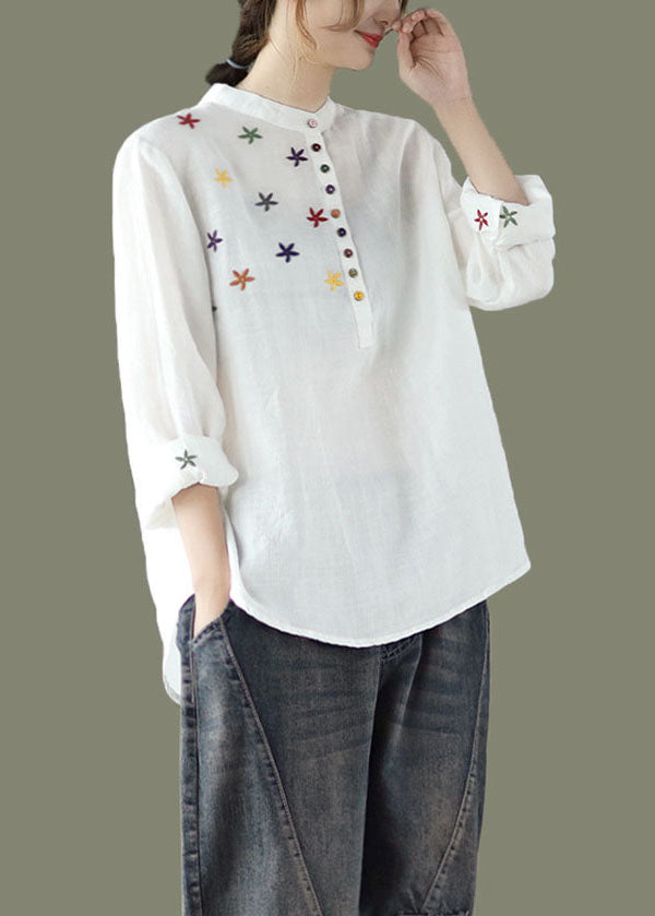 Women White Stand Collar Embroideried Linen Shirt Spring