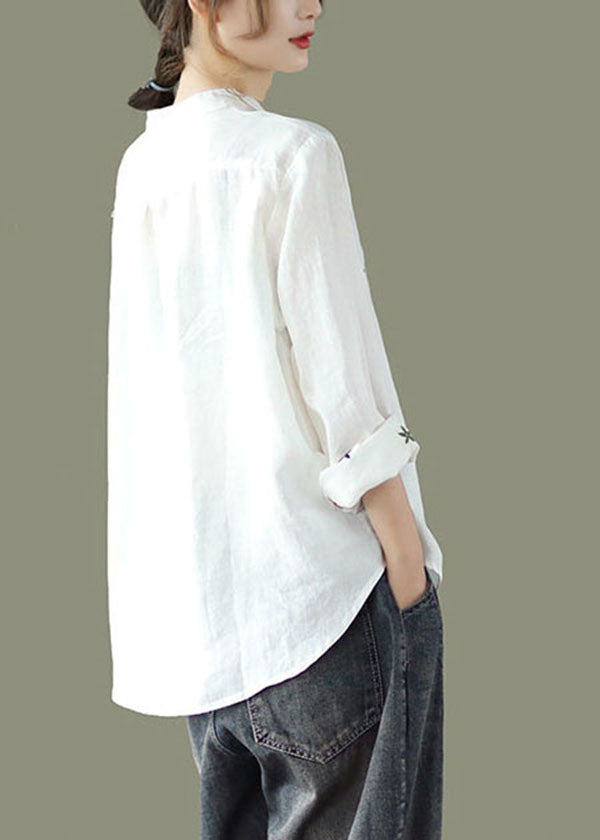 Women White Stand Collar Embroidered Linen Shirt Spring