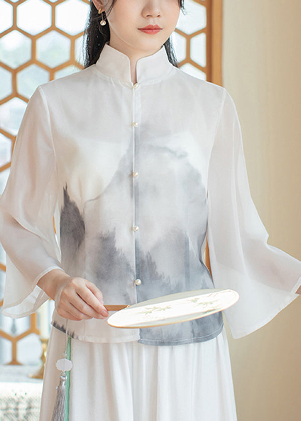 Women White Stand Collar Print Silk Shirt Spring