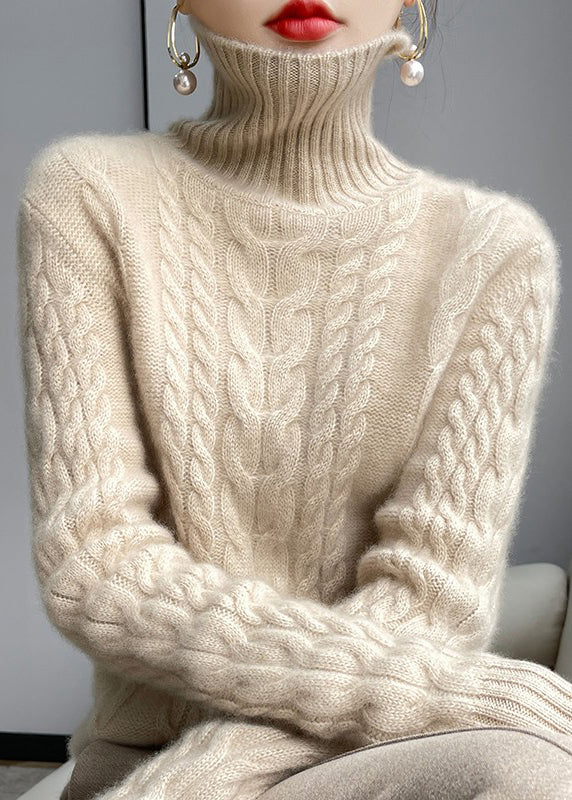 Women White Turtleneck Wool Cable Knit Sweaters Long Sleeve