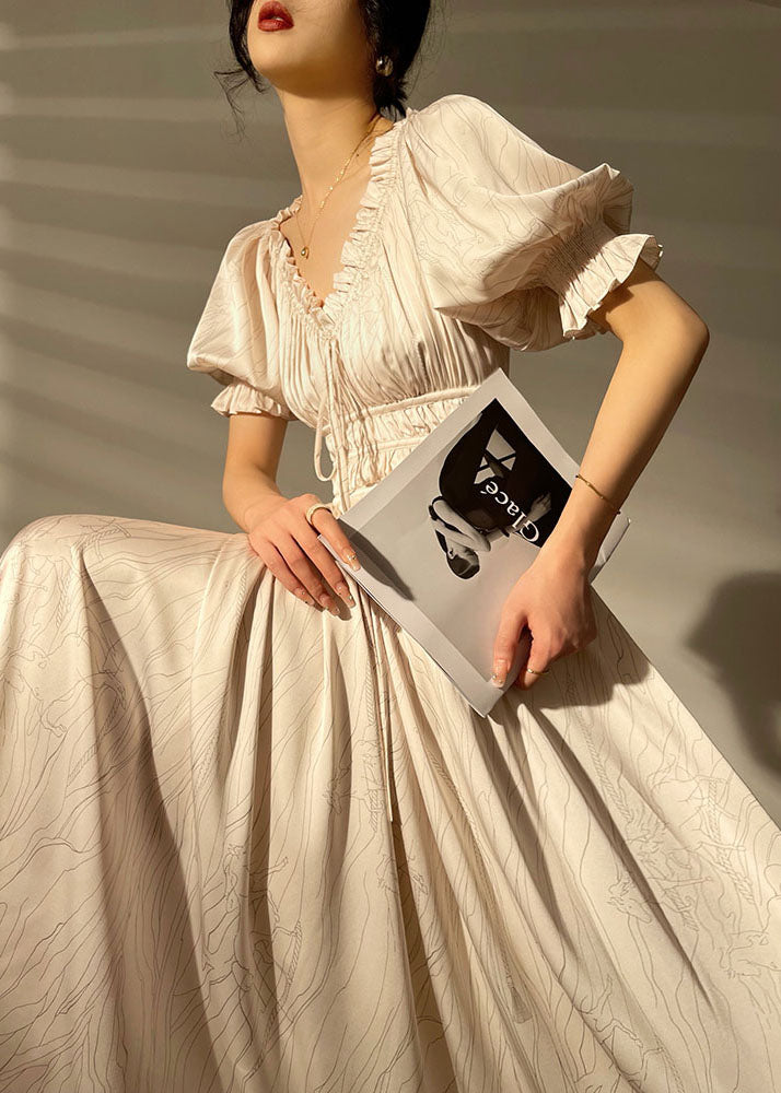 Women White V Neck Wrinkled Print Silk Maxi Dresses Summer