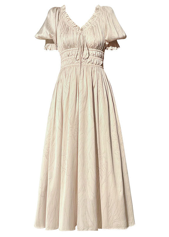Women White V Neck Wrinkled Print Silk Maxi Dresses Summer