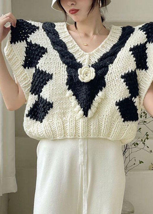 Women White V Neck cozy Knit Tank Tops Sleeveless