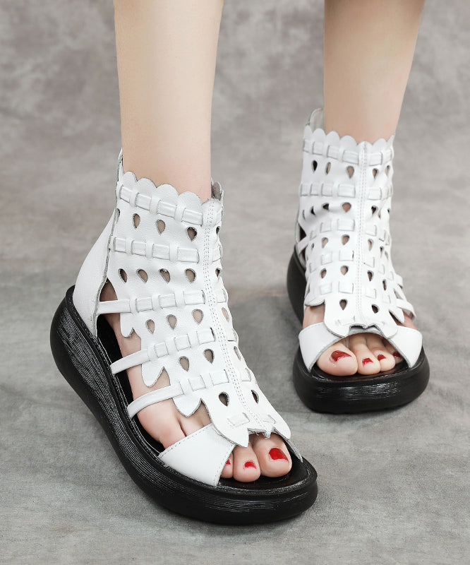 Women White Wedge Cowhide Leather Hollow Platform Out Sandals