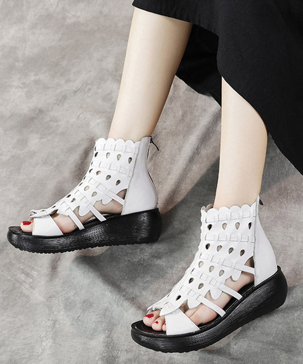 Women White Wedge Cowhide Leather Hollow Platform Out Sandals