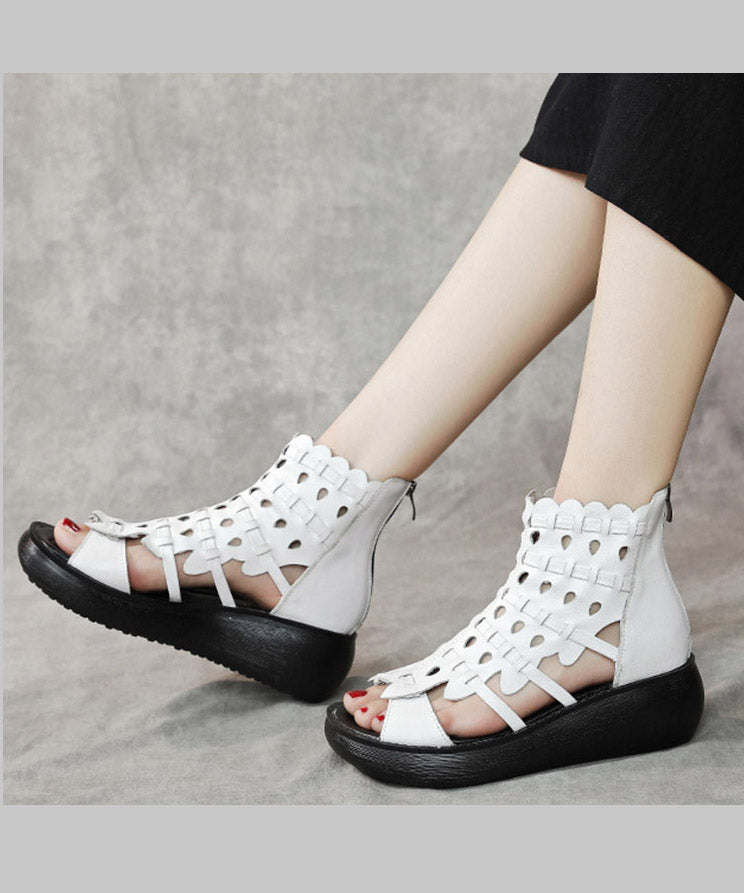 Women White Wedge Cowhide Leather Hollow Platform Out Sandals