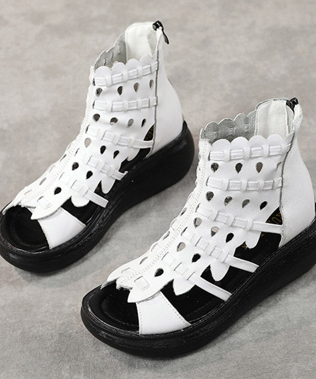 Women White Wedge Cowhide Leather Hollow Platform Out Sandals