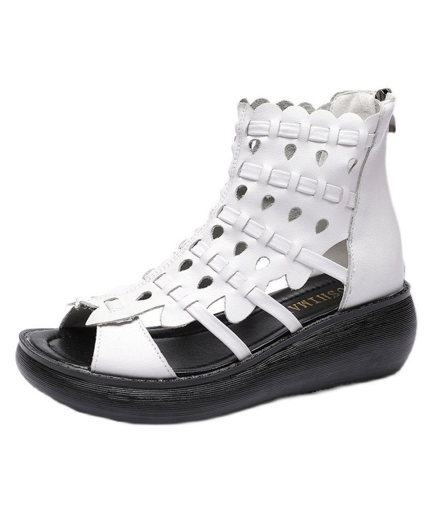 Women White Wedge Cowhide Leather Hollow Platform Out Sandals