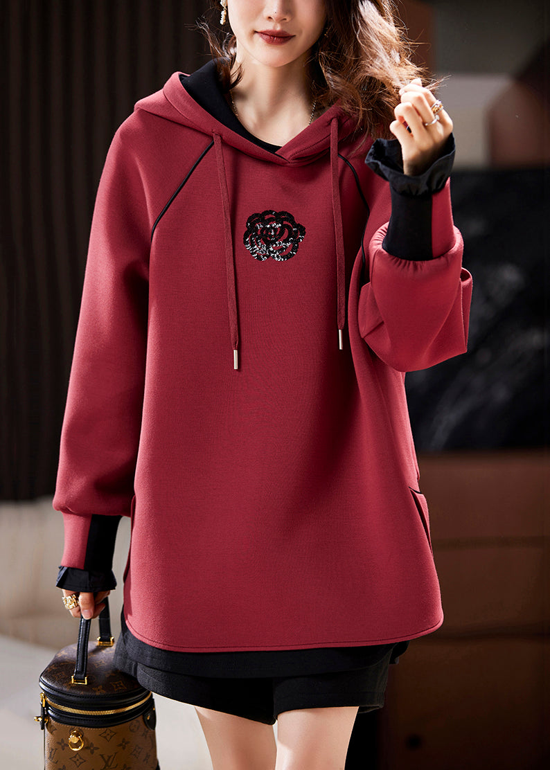 Women Wine Red Hooded Sequins Patchwork Cotton Sweatshirt Spring