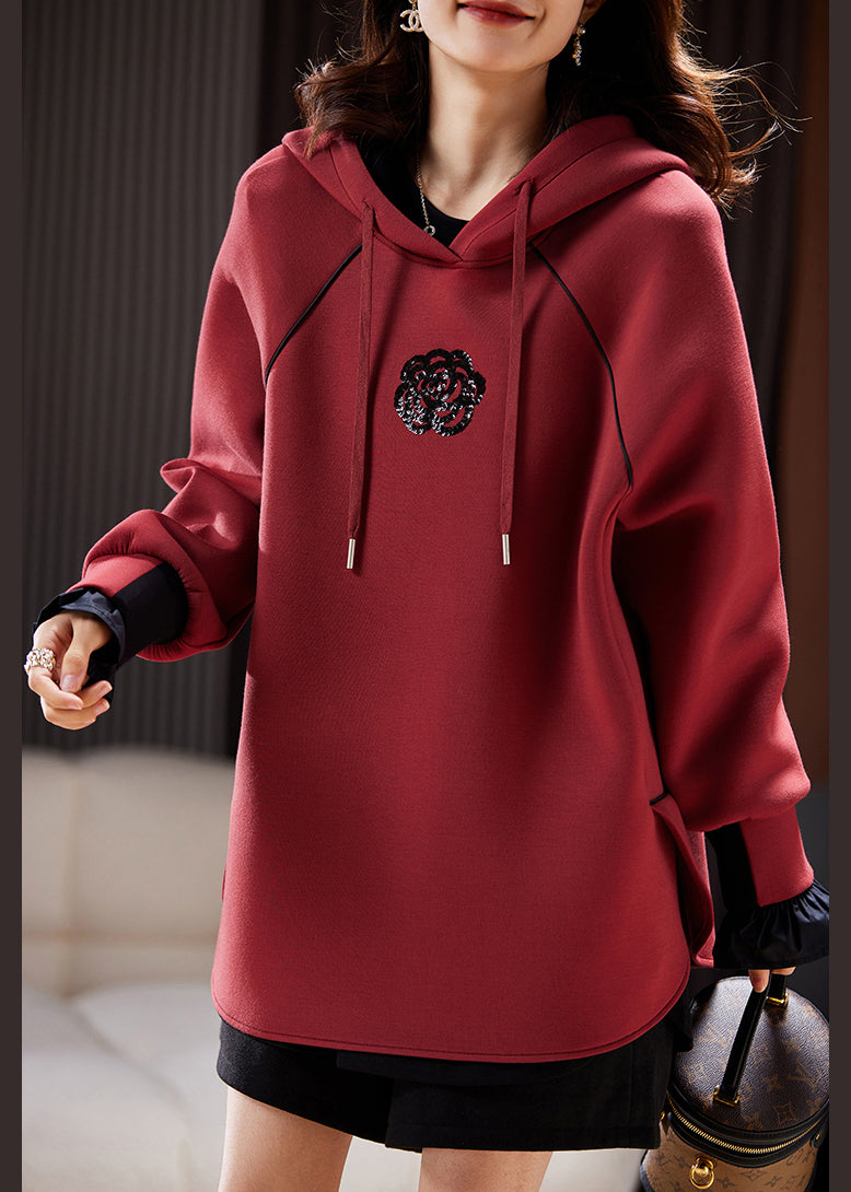 Women Wine Red Hooded Sequins Patchwork Cotton Sweatshirt Spring