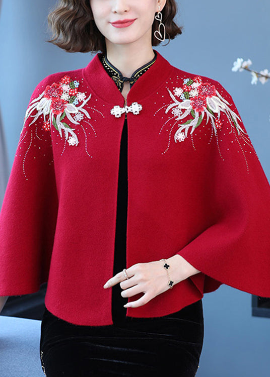 Women Wine Red Stand Collar Embroideried Patchwork Woolen Coats Fall