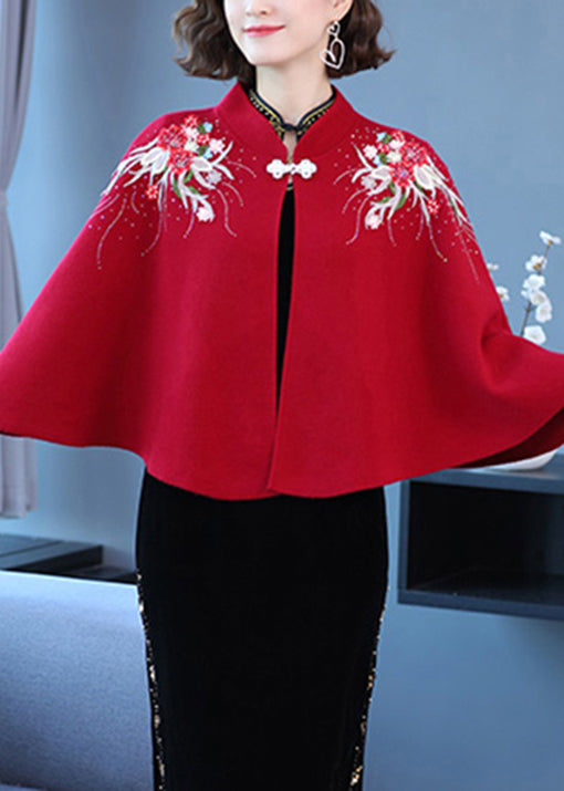 Women Wine Red Stand Collar Embroideried Patchwork Woolen Coats Fall