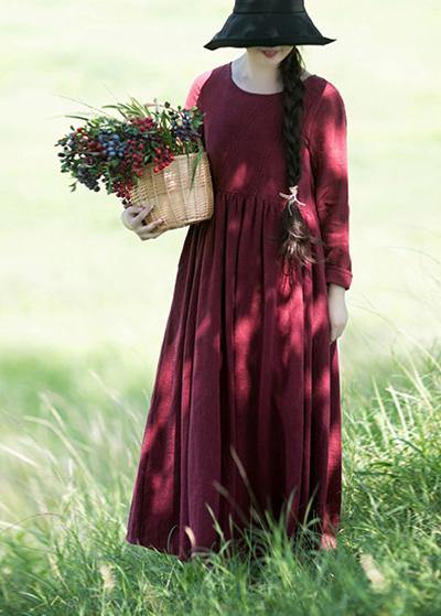 Women Wine red O-Neck Patchwork Spring Dresses - Omychic