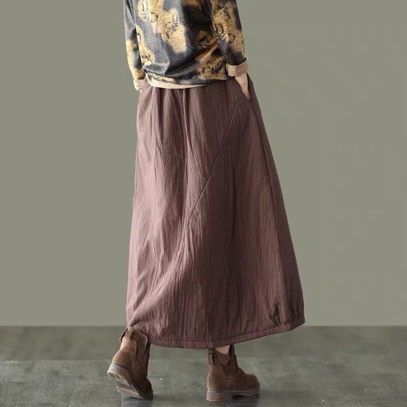 Women Winter Padded Elastic Waist Solid Color Skirts Ladies Vintage Cotton Linen Loose Skirt Female 2020 Skirts - Omychic