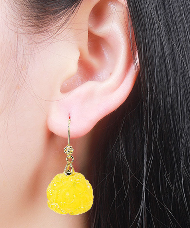 Women Yellow 14K Gold Amber Beeswax Floral Drop Earrings