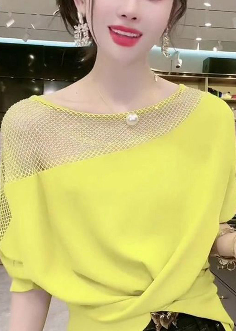 Women Yellow Asymmetrical Patchwork Hollow Out Cotton Tops Summer