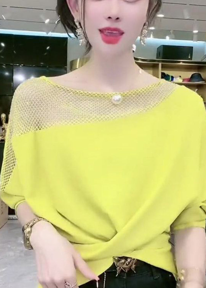 Women Yellow Asymmetrical Patchwork Hollow Out Cotton Tops Summer