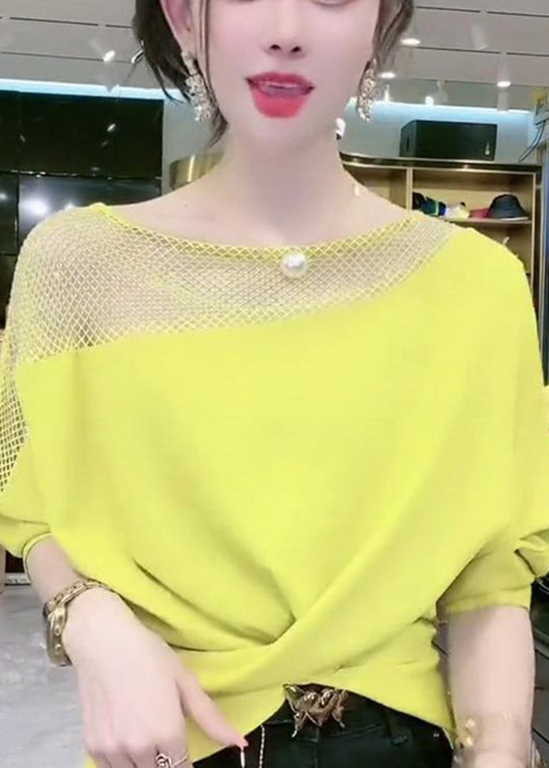 Women Yellow Asymmetrical Patchwork Hollow Out Cotton Tops Summer