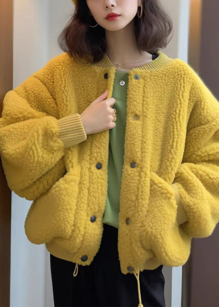 Women Yellow Button Pockets Teddy Faux Fur Coat Spring