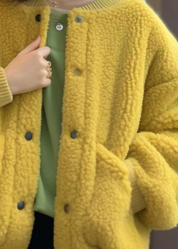 Women Yellow Button Pockets Teddy Faux Fur Coat Spring