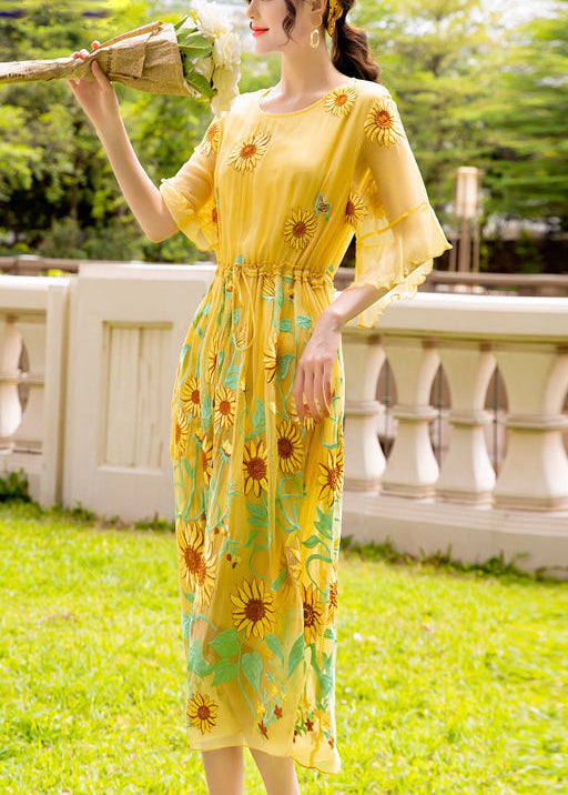 Women Yellow Daisy Embroidered Tie Waist Silk Vacation Dresses Flare Sleeve