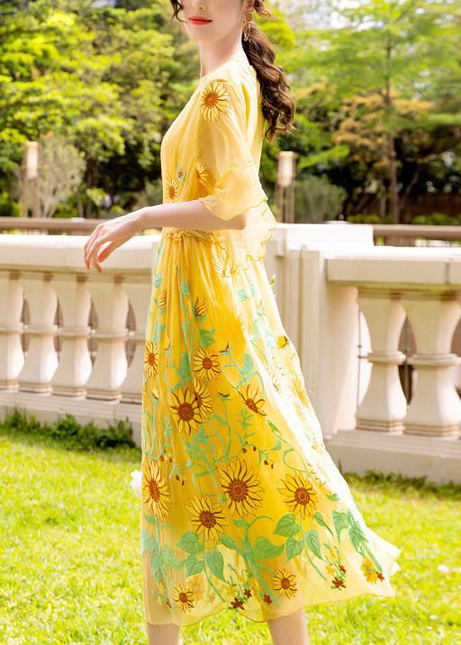 Women Yellow Daisy Embroidered Tie Waist Silk Vacation Dresses Flare Sleeve