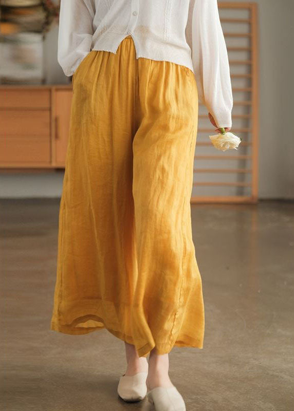 Women Yellow Elastic Waist Oversized Linen Crop Pants Wide Leg Pants Summer