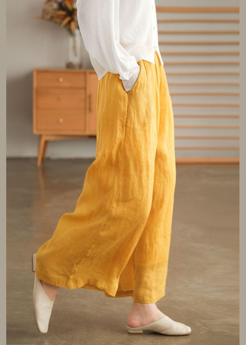 Women Yellow Elastic Waist Oversized Linen Crop Pants Wide Leg Pants Summer