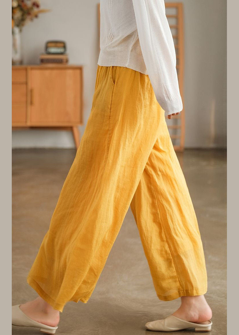 Women Yellow Elastic Waist Oversized Linen Crop Pants Wide Leg Pants Summer