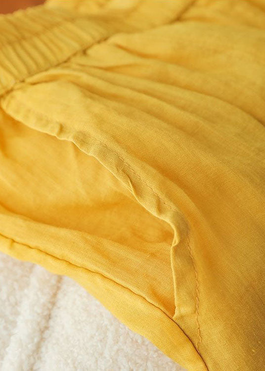 Women Yellow Elastic Waist Oversized Linen Crop Pants Wide Leg Pants Summer