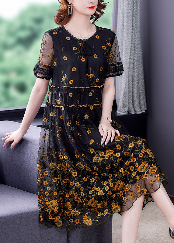 Women Yellow Embroideried Hollow Out Tulle Vacation Dresses Half Sleeve