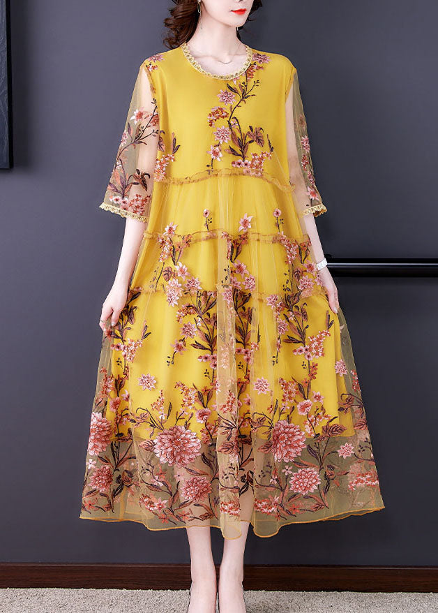 Women Yellow Embroideried Hollow Out Tulle Vacation Dresses Half Sleeve
