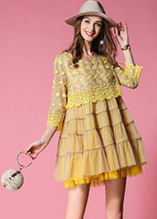 Women Yellow Embroideried Lace Patchwork Tulle Dress Bracelet Sleeve
