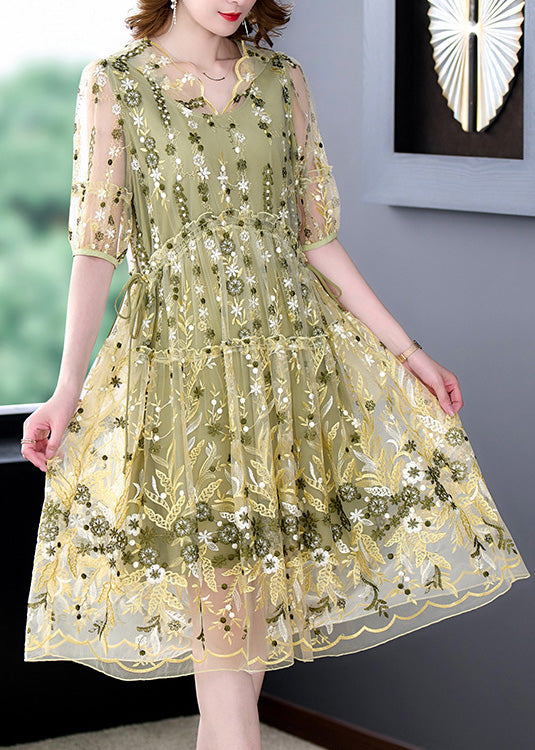 Women Yellow Embroideried Tulle Vacation Long Dresses Summer