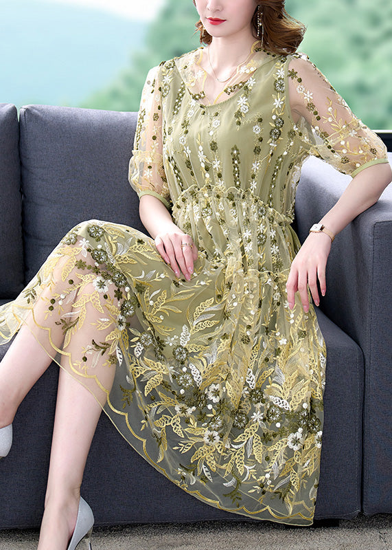 Women Yellow Embroideried Tulle Vacation Long Dresses Summer