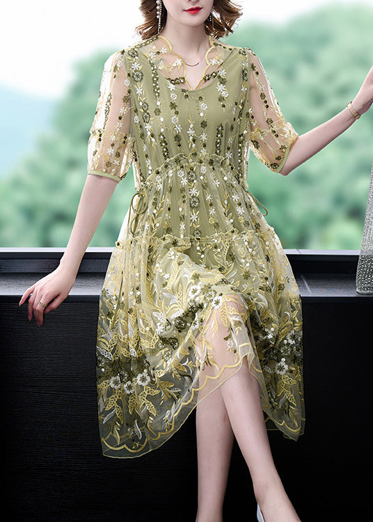 Women Yellow Embroideried Tulle Vacation Long Dresses Summer