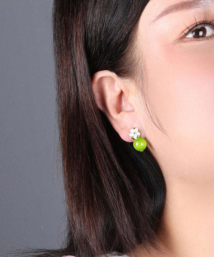 Women Yellow Green Shell Flower Cymophanite Drop Earrings