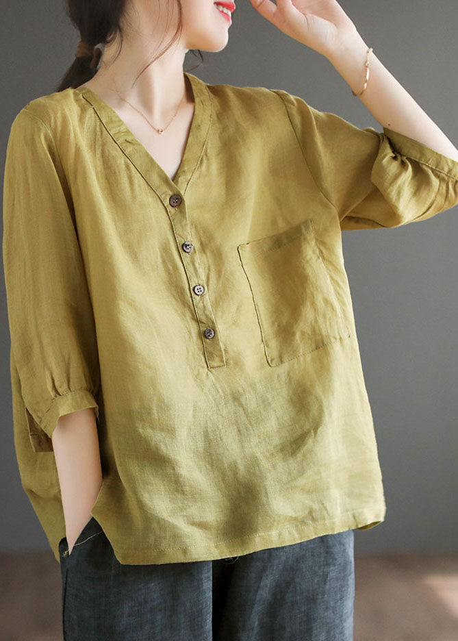 Women Yellow Green V Neck Button Solid Color Linen Shirts Bracelet Sleeve